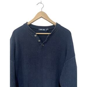 Vintage Cherokee Thermal Chunky Knit Heavy Mens L Navy Cotton Henley Sweater Y2K